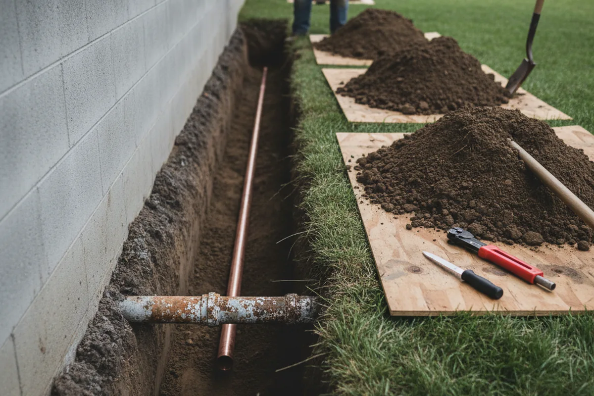 Excavated water line trench during Water Heater Repair in Stony Creek